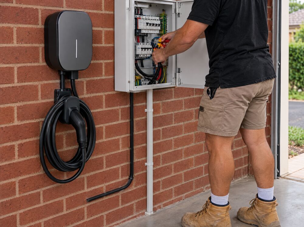 Electrician working at a switchboard next to a wall-mounted EV charger