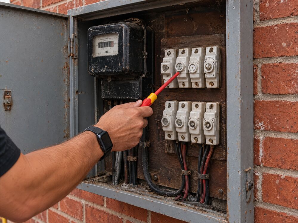 Electrician pointing at an old ceramic fuse board inside a meter box