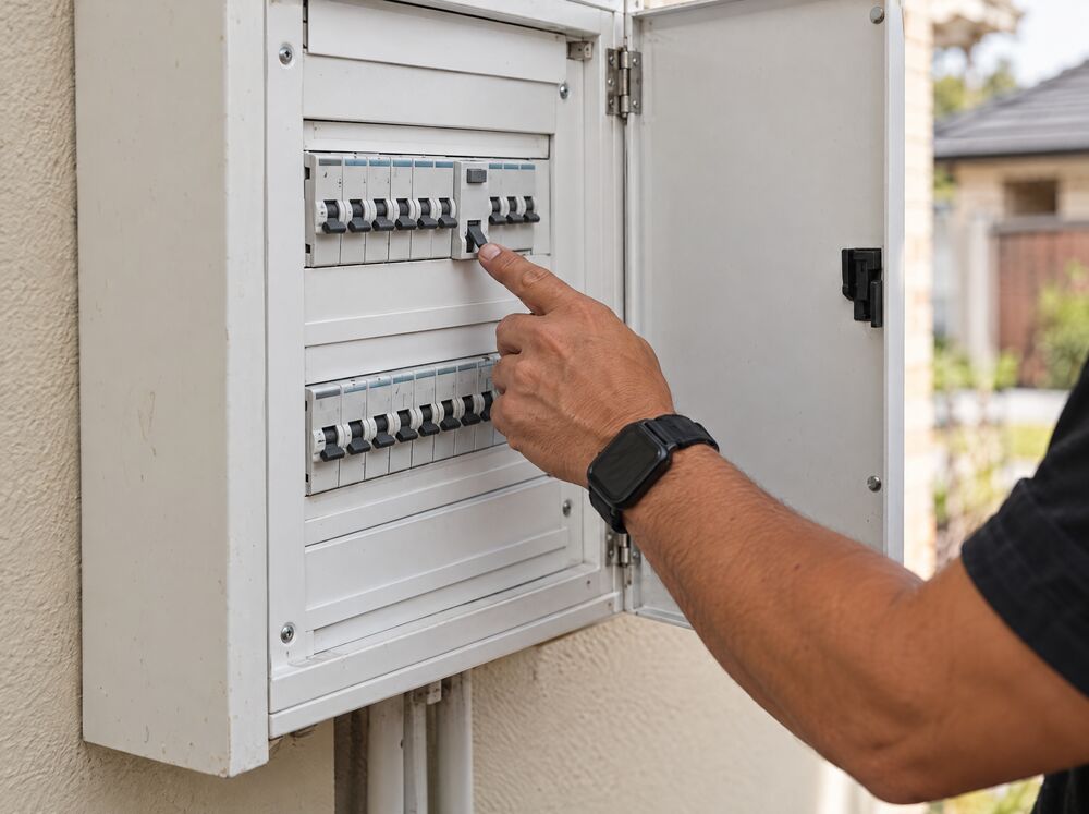 Hand reaching to reset a tripped safety switch